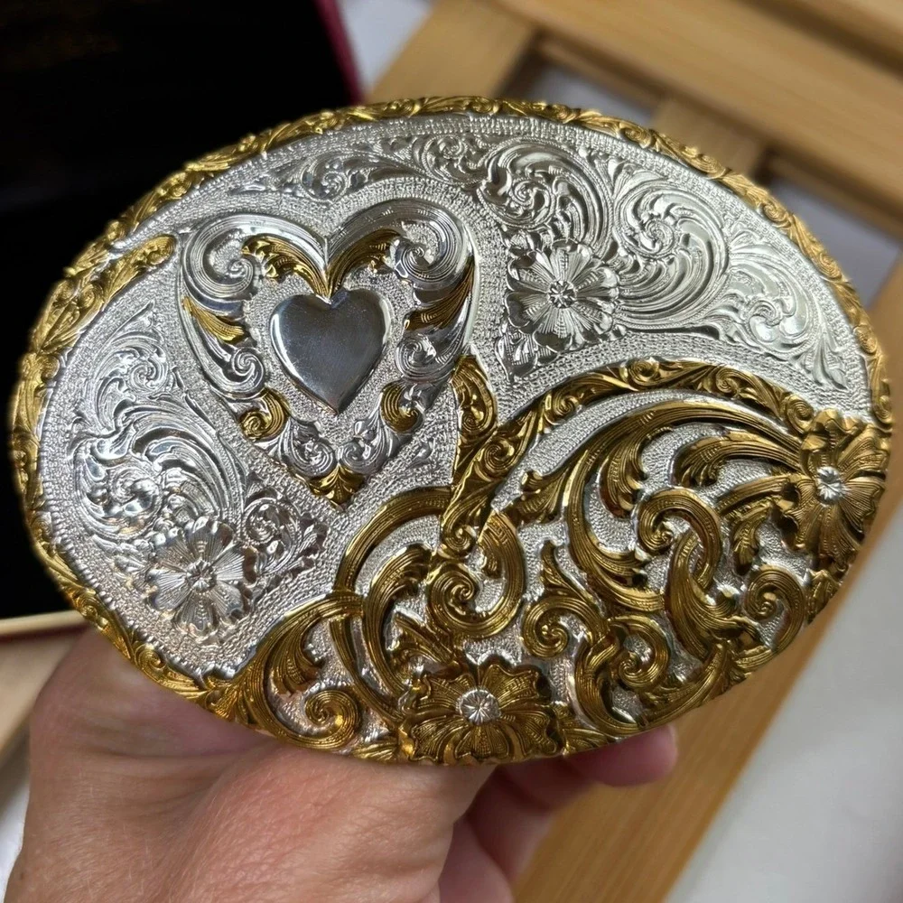 Crumrine Gold & Silversmiths Two Tone Heart Scroll Western Belt Buckle USA Made
